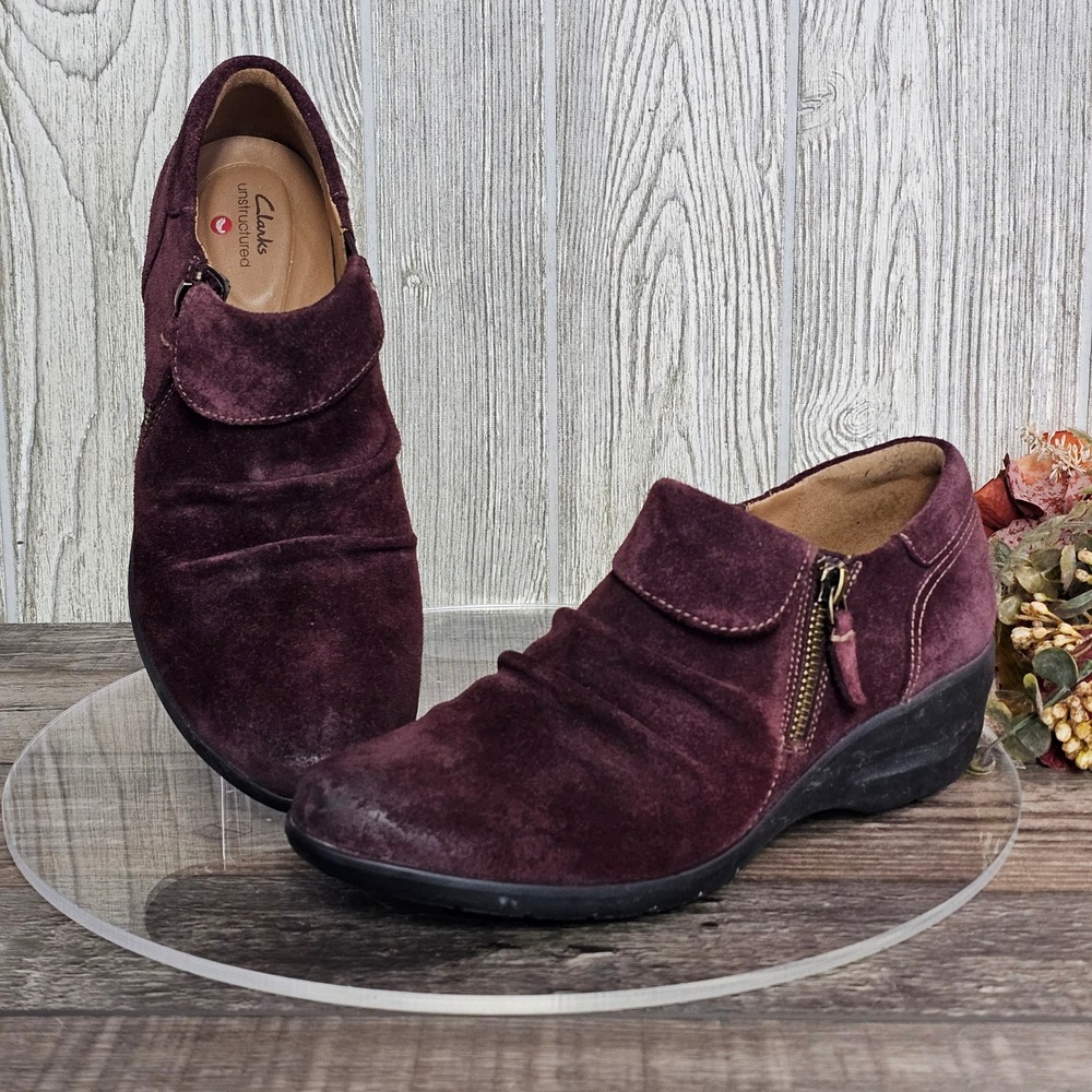 Clarks Unstructured Rosely Lo Distressed Suede Zip‎ Shoes Burgundy Size 9D